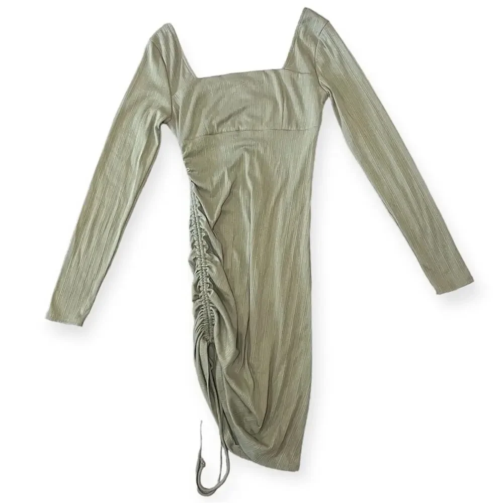 Forever 21 Sage Green Ruched Side Tie Mini Dress Long Sleeve Sz Small Minimalist